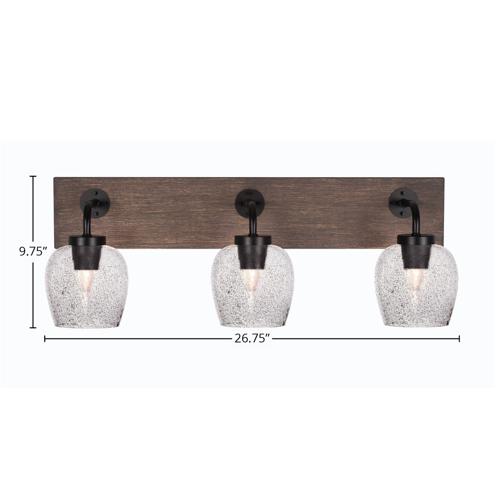 Oxbridge Three Light Bath Bar in Matte Black & Painted Distressed Wood-look Metal with 6" Smoke Bubble Shade