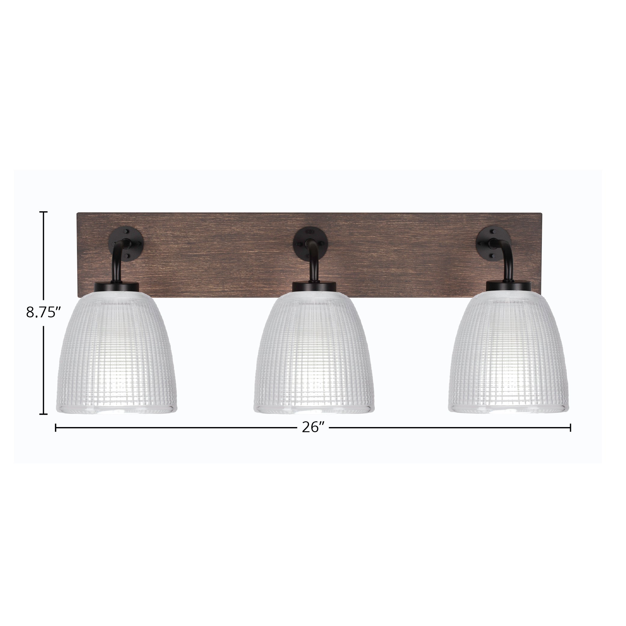 Oxbridge Three Light Bath Bar in Matte Black & Painted Distressed Wood-look Metal with 5" Clear Ribbed Shade