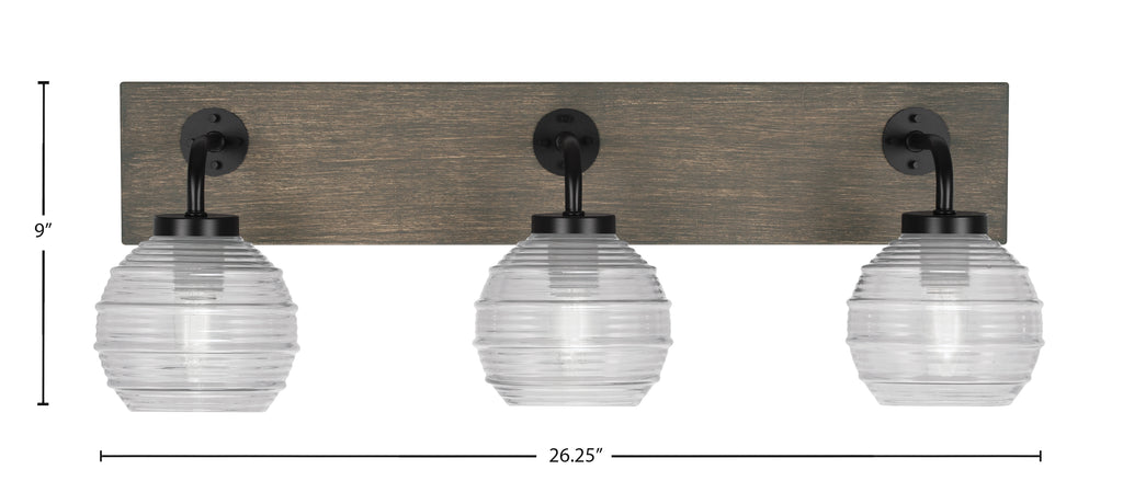 Oxbridge Three Light Bath Bar in Matte Black & Painted Distressed Wood-look Metal with 6" Clear Ribbed Shade