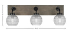 Oxbridge Three Light Bath Bar in Matte Black & Painted Distressed Wood-look Metal with 6" Clear Ribbed Shade
