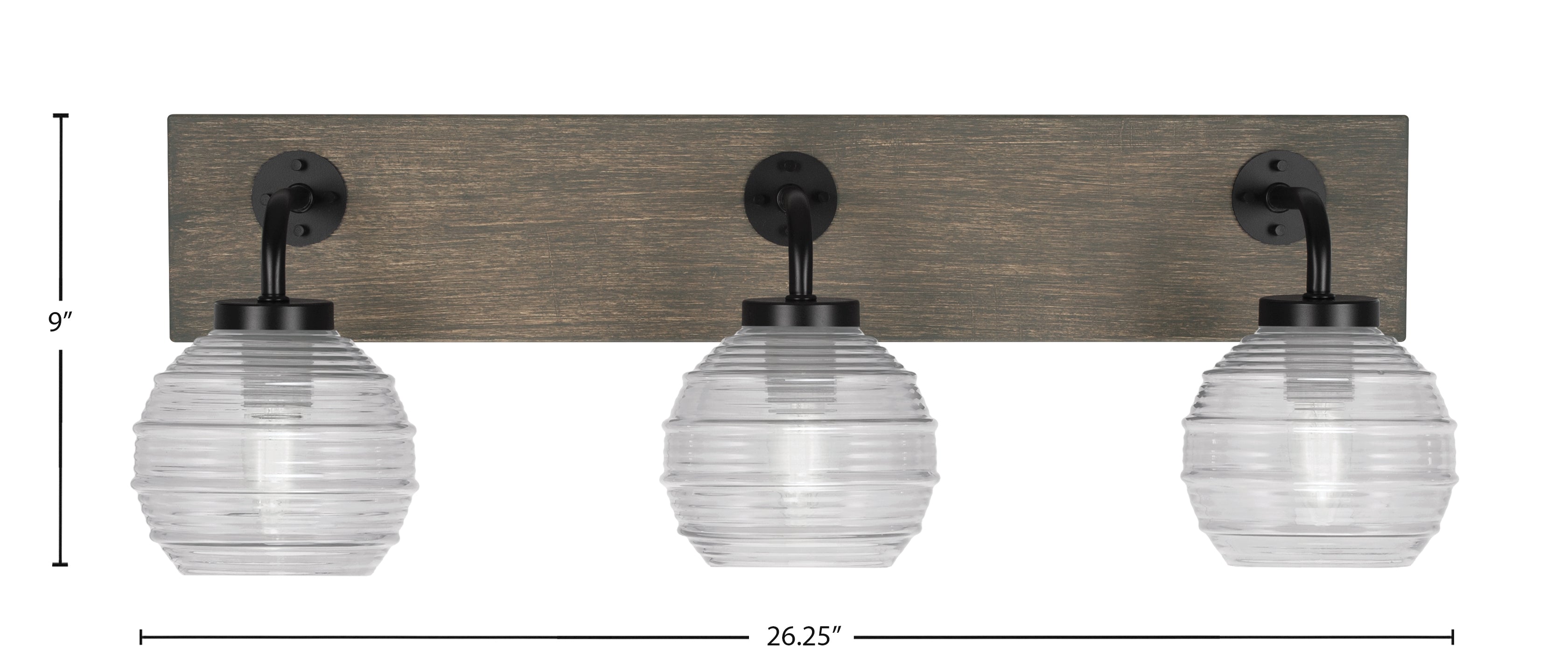 Oxbridge Three Light Bath Bar in Matte Black & Painted Distressed Wood-look Metal with 6" Clear Ribbed Shade