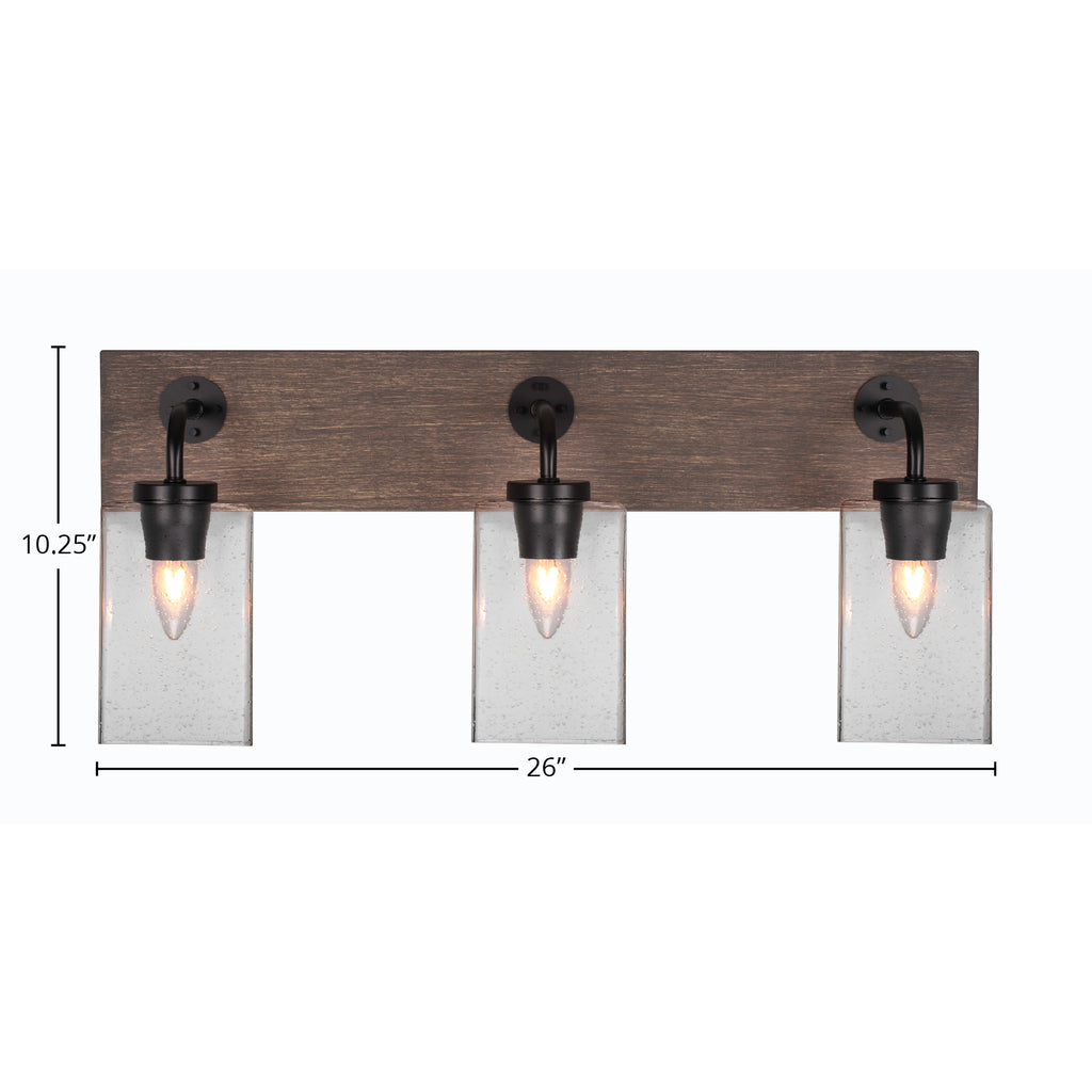 Oxbridge Three Light Bath Bar in Matte Black & Painted Distressed Wood-look Metal with 4" Square Clear Bubble Shade