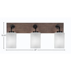 Oxbridge Three Light Bath Bar in Matte Black & Painted Distressed Wood-look Metal with 4" Square White Muslin Shade