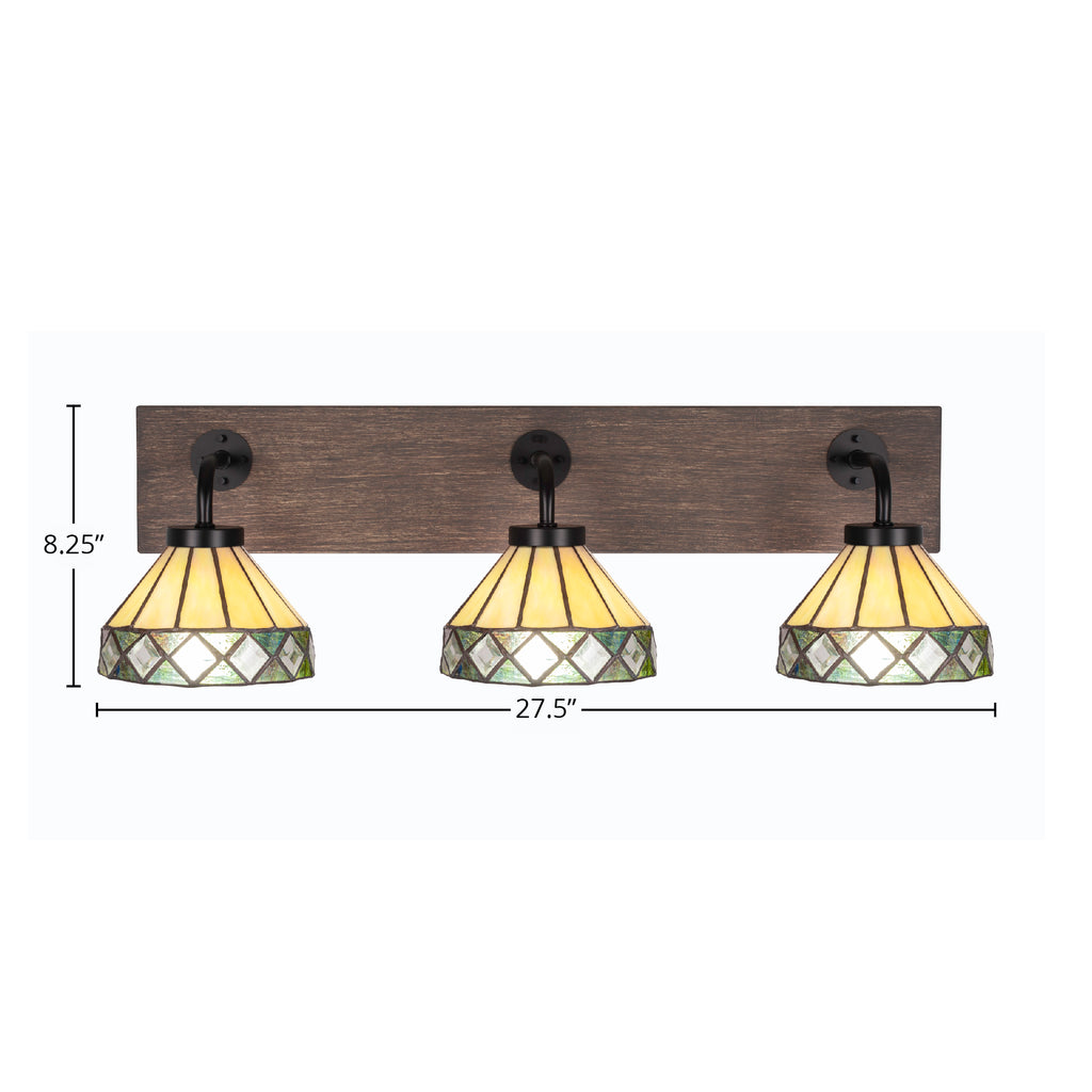 Oxbridge Three Light Bath Bar in Matte Black & Painted Distressed Wood-look Metal with 7" Diamond Peak Art Glass Shade