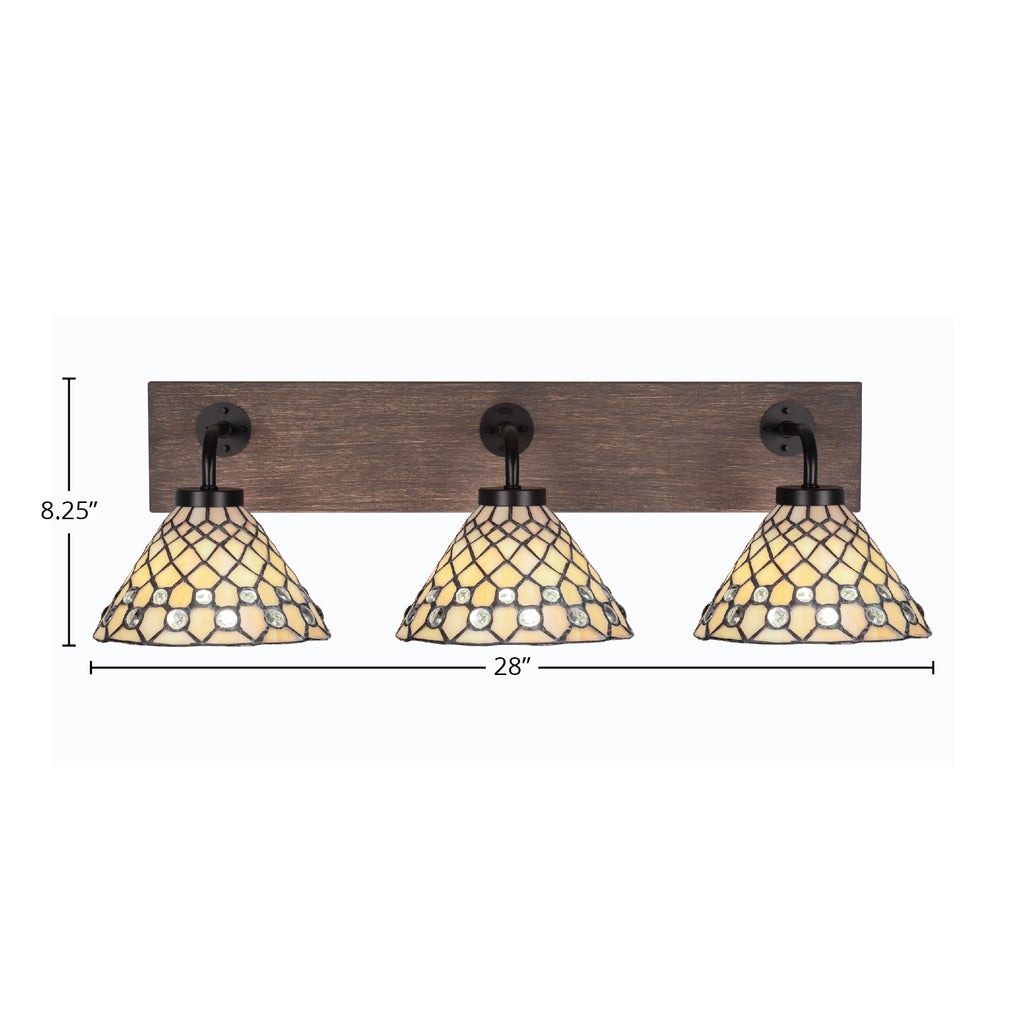 Oxbridge Three Light Bath Bar in Matte Black & Painted Distressed Wood-look Metal with 7" Starlight Art Glass Shade