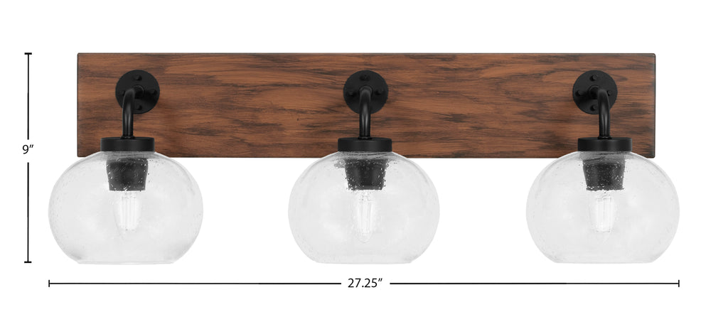 Oxbridge Three Light Bath Bar in Matte Black & Painted Wood-look Metal with 7" Clear Bubble Shade
