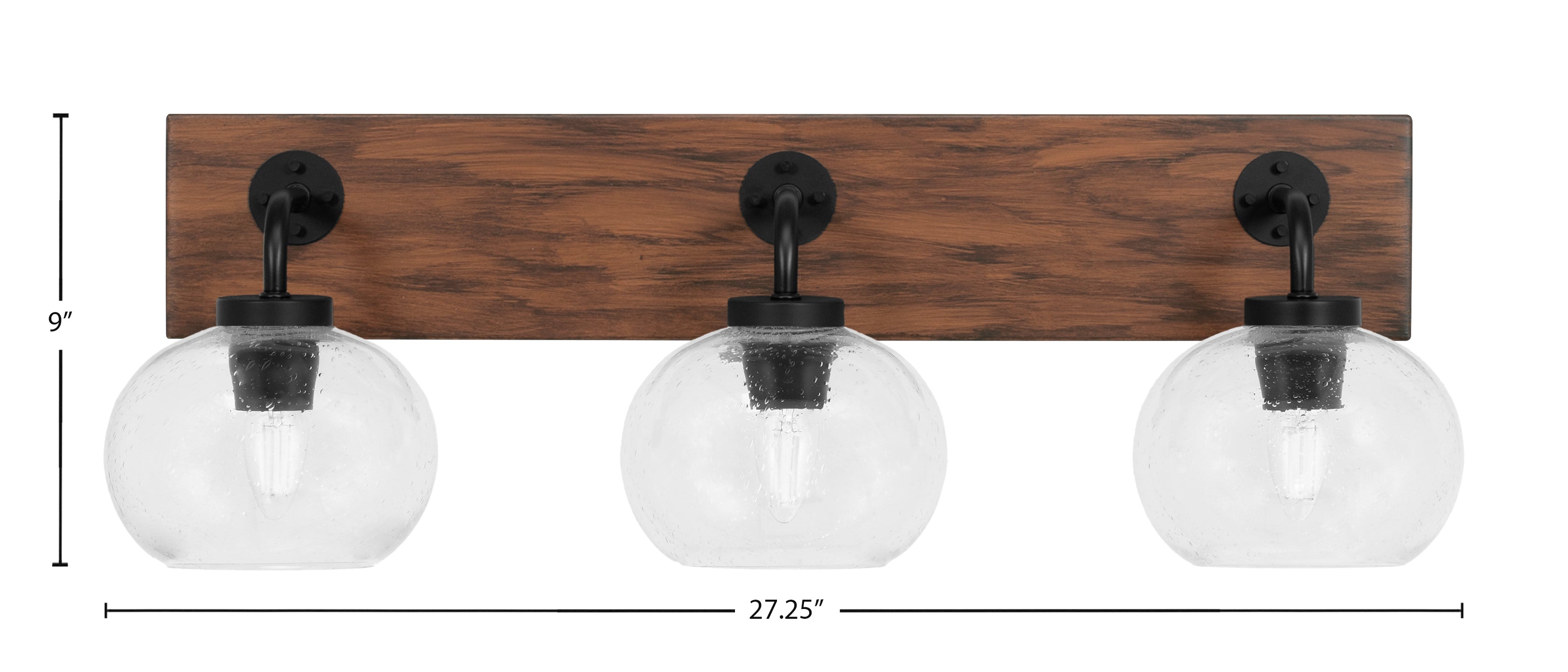 Oxbridge Three Light Bath Bar in Matte Black & Painted Wood-look Metal with 7" Clear Bubble Shade