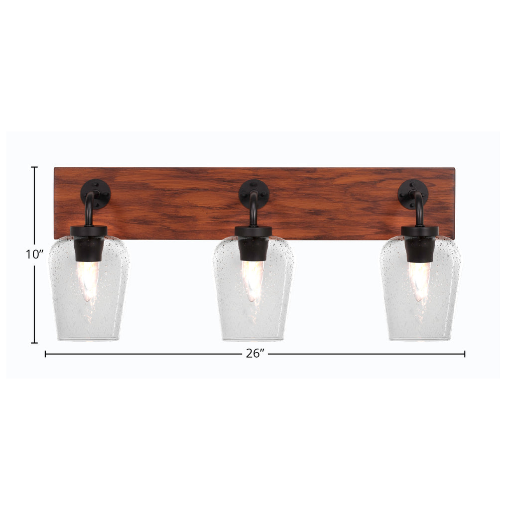 Oxbridge Three Light Bath Bar in Matte Black & Painted Wood-look Metal with 5" Clear Bubble Shade