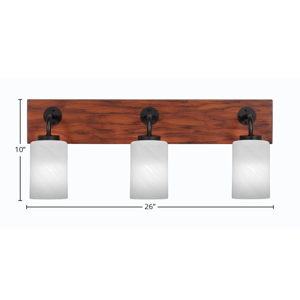 Oxbridge Three Light Bath Bar in Matte Black & Painted Wood-look Metal with 4" White Marble Shade