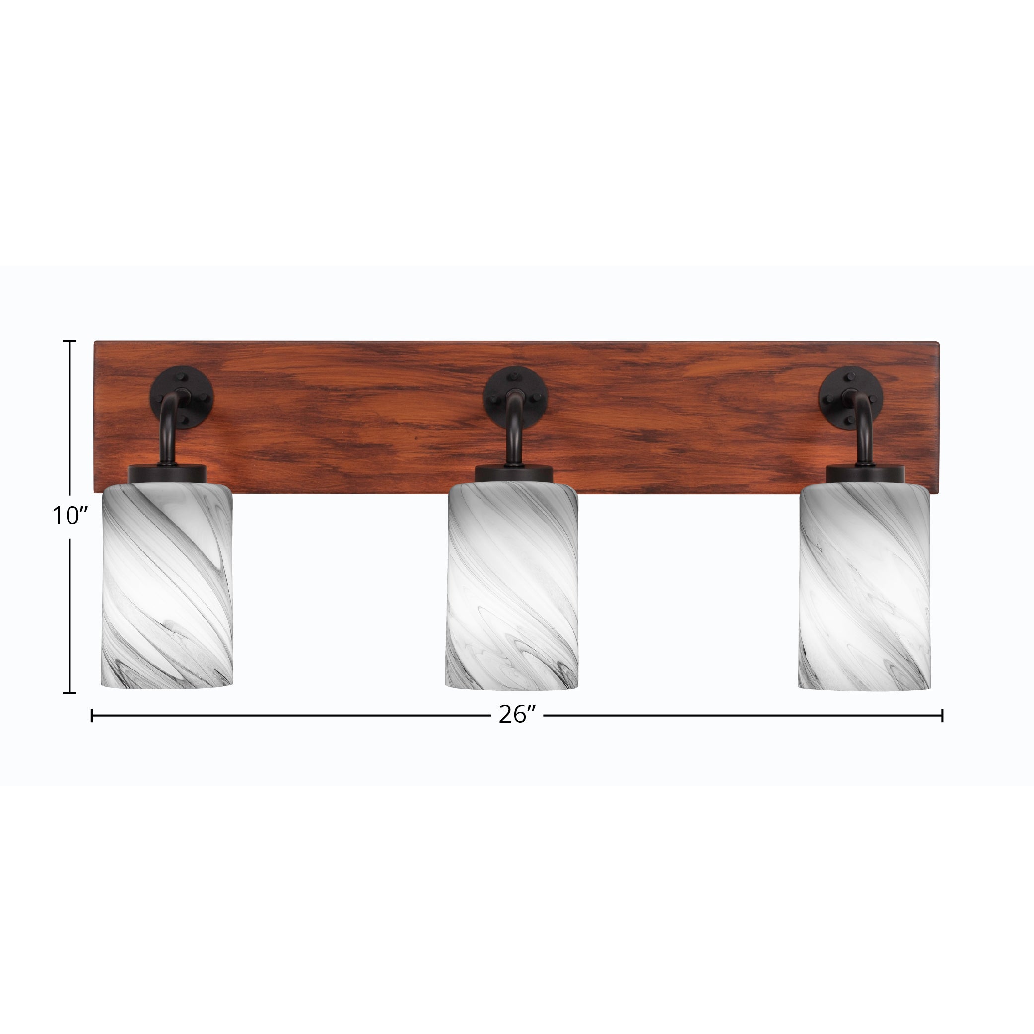 Oxbridge Three Light Bath Bar in Matte Black & Painted Wood-look Metal with 4" Onyx Swirl Shade