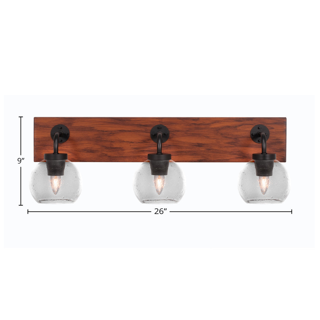 Oxbridge Three Light Bath Bar in Matte Black & Painted Wood-look Metal with 5.75" Clear Bubble Shade