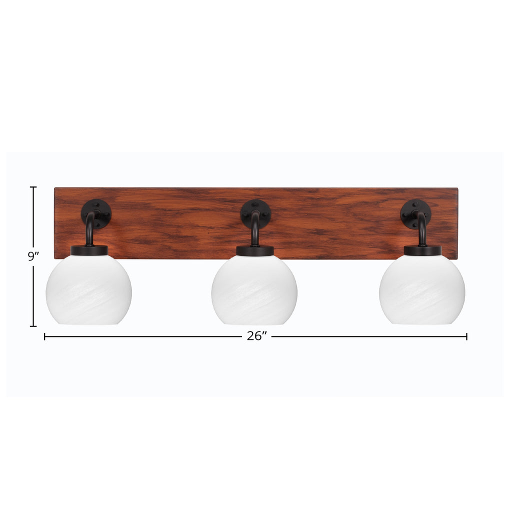 Oxbridge Three Light Bath Bar in Matte Black & Painted Wood-look Metal with 5.75" White Marble Shade