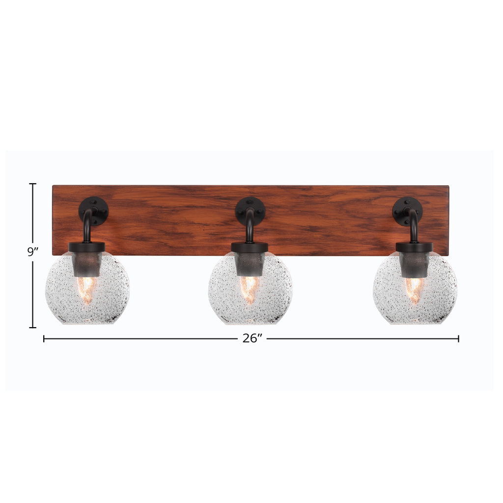 Oxbridge Three Light Bath Bar in Matte Black & Painted Wood-look Metal with 5.75" Smoke Bubble Shade