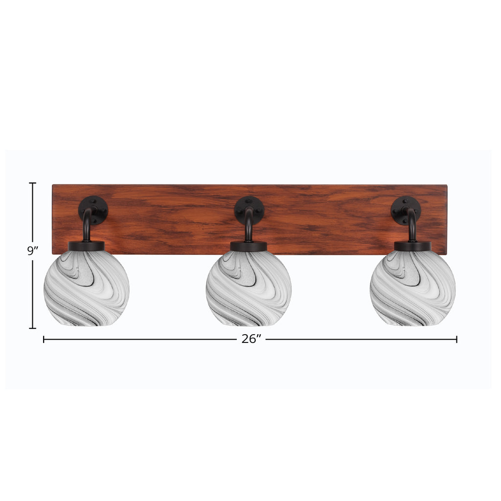 Oxbridge Three Light Bath Bar in Matte Black & Painted Wood-look Metal with 5.75" Onyx Swirl Shade