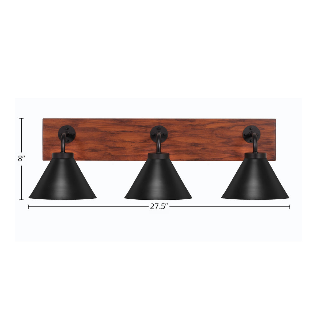 Oxbridge Three Light Bath Bar in Matte Black & Painted Wood-look Metal with 7" Matte Black Cone Metal Shade Shade