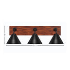 Oxbridge Three Light Bath Bar in Matte Black & Painted Wood-look Metal with 7" Matte Black Cone Metal Shade Shade