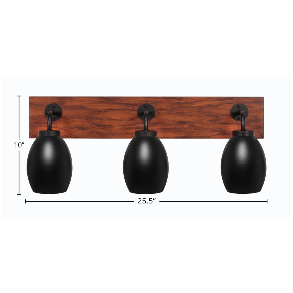 Oxbridge Three Light Bath Bar in Matte Black & Painted Wood-look Metal with 5" Matte Black Oval Metal Shade Shade