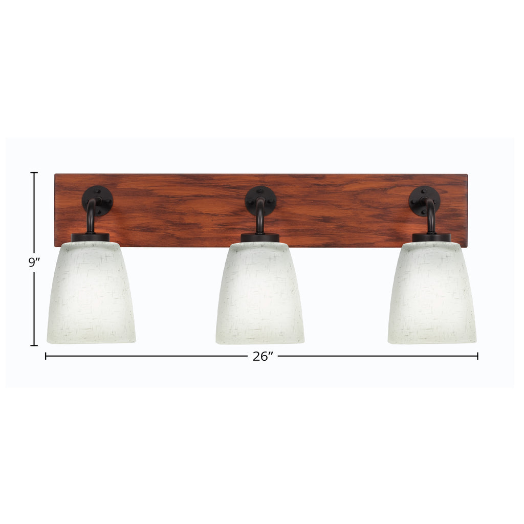 Oxbridge Three Light Bath Bar in Matte Black & Painted Wood-look Metal with 4.5" Square White Muslin Shade