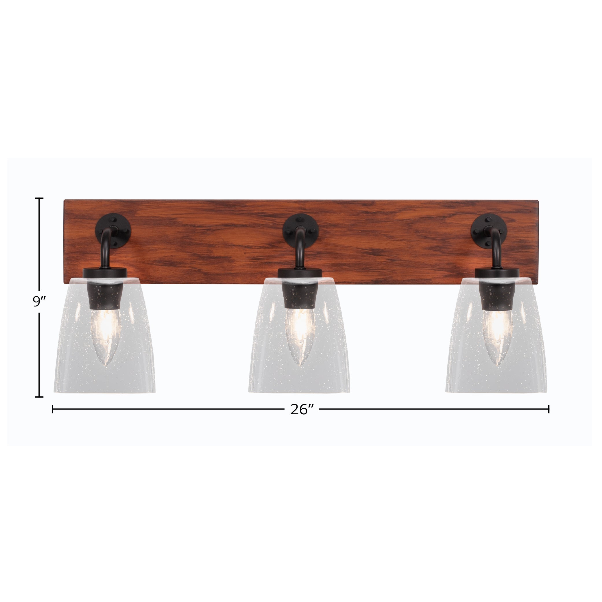 Oxbridge Three Light Bath Bar in Matte Black & Painted Wood-look Metal with 4.5" Square Clear Bubble Shade