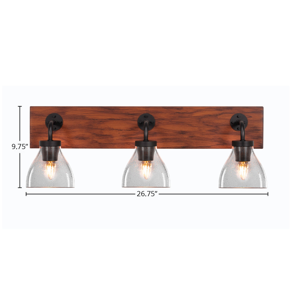 Oxbridge Three Light Bath Bar in Matte Black & Painted Wood-look Metal with 6.25" Clear Bubble Shade