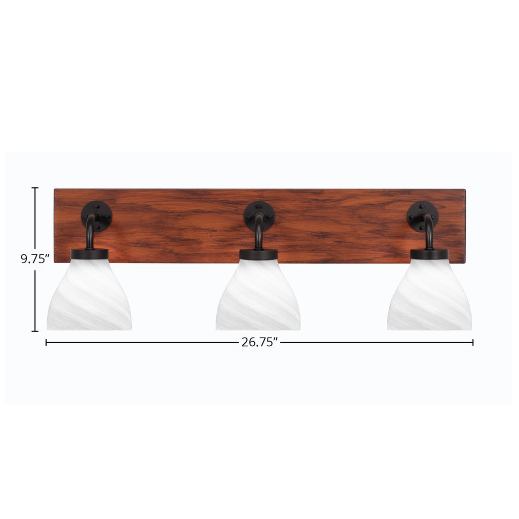 Oxbridge Three Light Bath Bar in Matte Black & Painted Wood-look Metal with 6.25" White Marble Shade