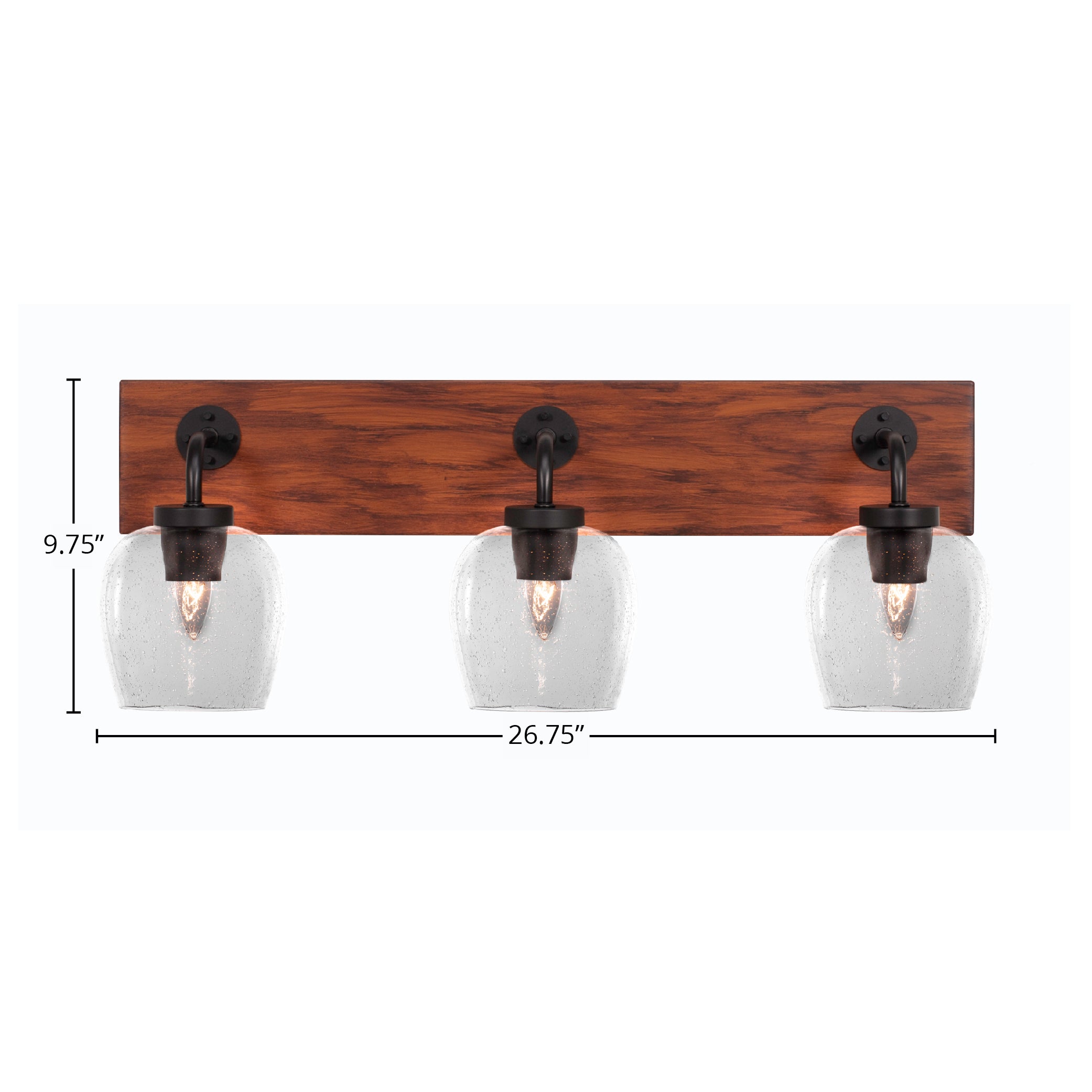 Oxbridge Three Light Bath Bar in Matte Black & Painted Wood-look Metal with 6" Clear Bubble Shade