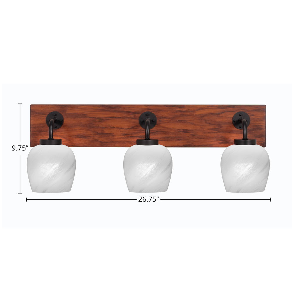 Oxbridge Three Light Bath Bar in Matte Black & Painted Wood-look Metal with 6" White Marble Shade