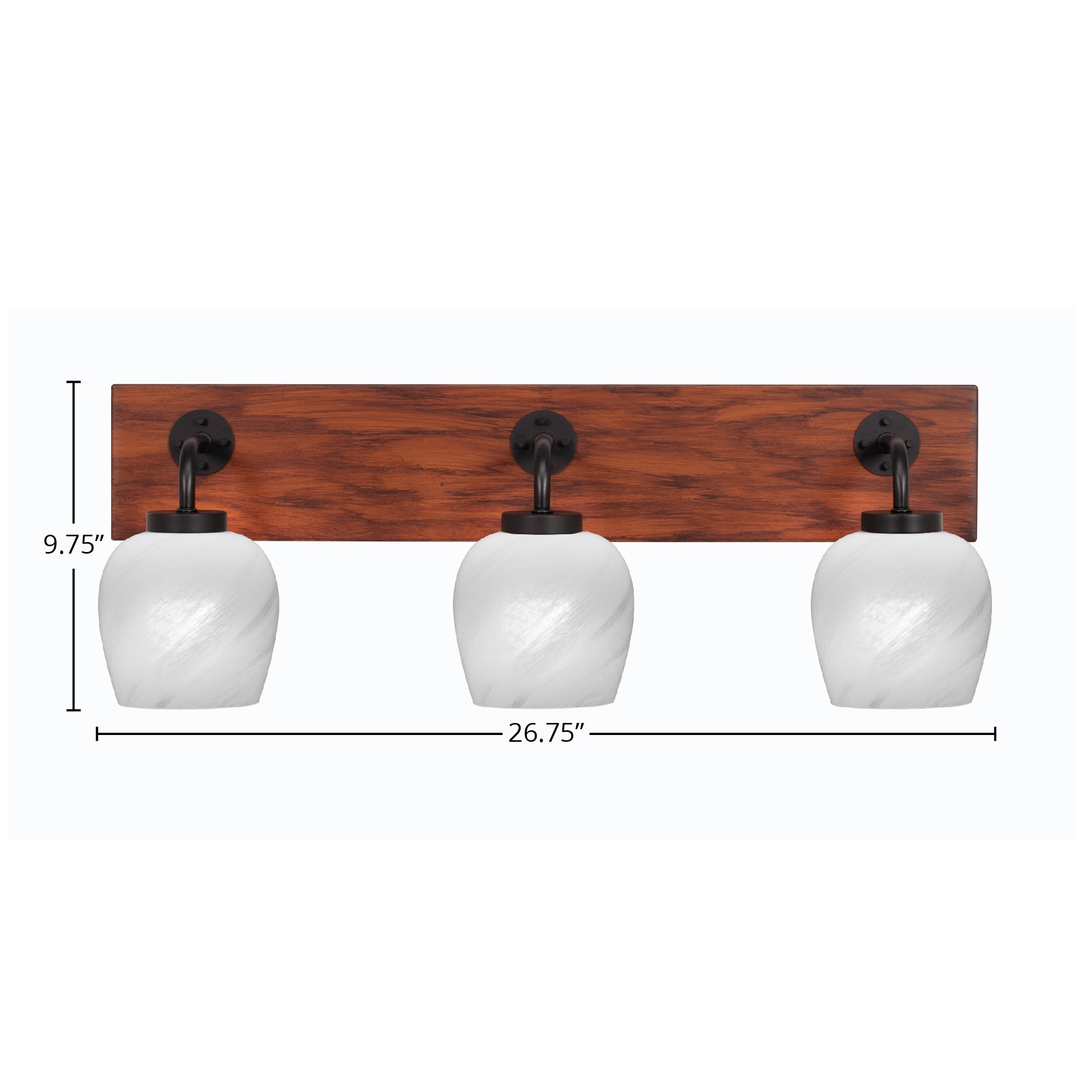 Oxbridge Three Light Bath Bar in Matte Black & Painted Wood-look Metal with 6" White Marble Shade