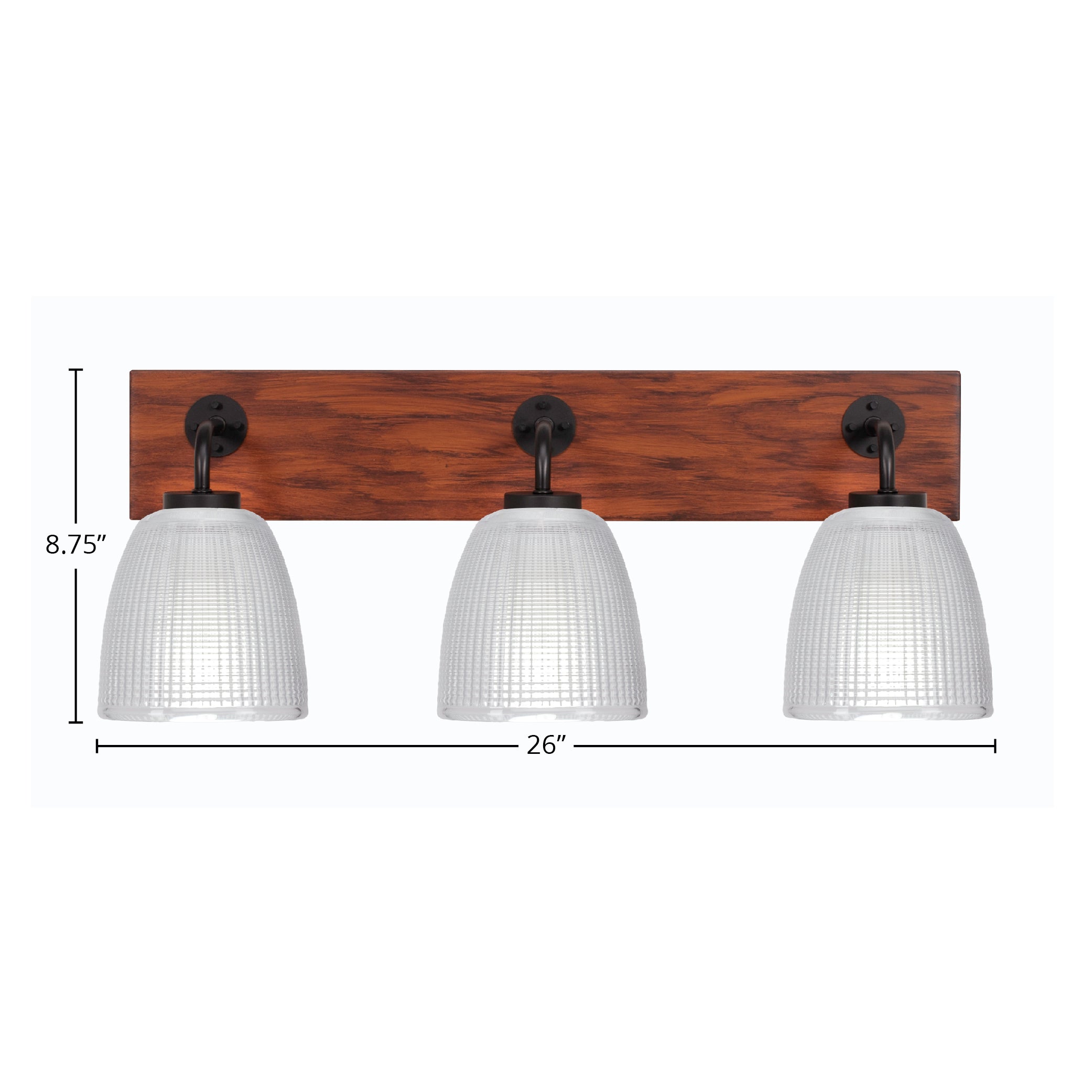 Oxbridge Three Light Bath Bar in Matte Black & Painted Wood-look Metal with 5" Clear Ribbed Shade