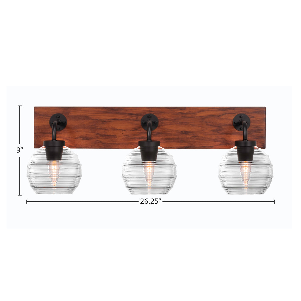 Oxbridge Three Light Bath Bar in Matte Black & Painted Wood-look Metal with 6" Clear Ribbed Shade