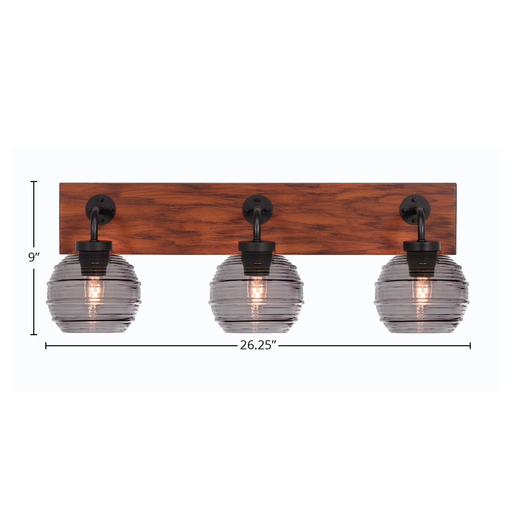 Oxbridge Three Light Bath Bar in Matte Black & Painted Wood-look Metal with 6" Smoke Ribbed Shade