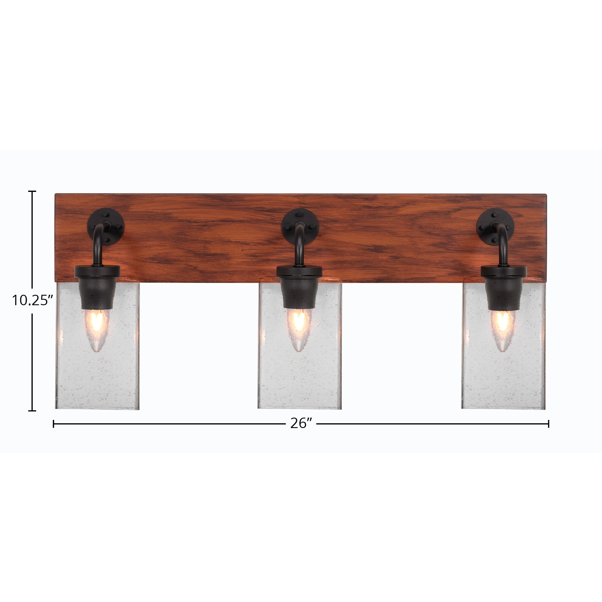 Oxbridge Three Light Bath Bar in Matte Black & Painted Wood-look Metal with 4" Square Clear Bubble Shade