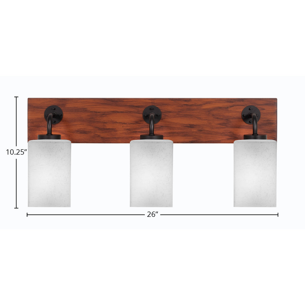 Oxbridge Three Light Bath Bar in Matte Black & Painted Wood-look Metal with 4" Square White Muslin Shade
