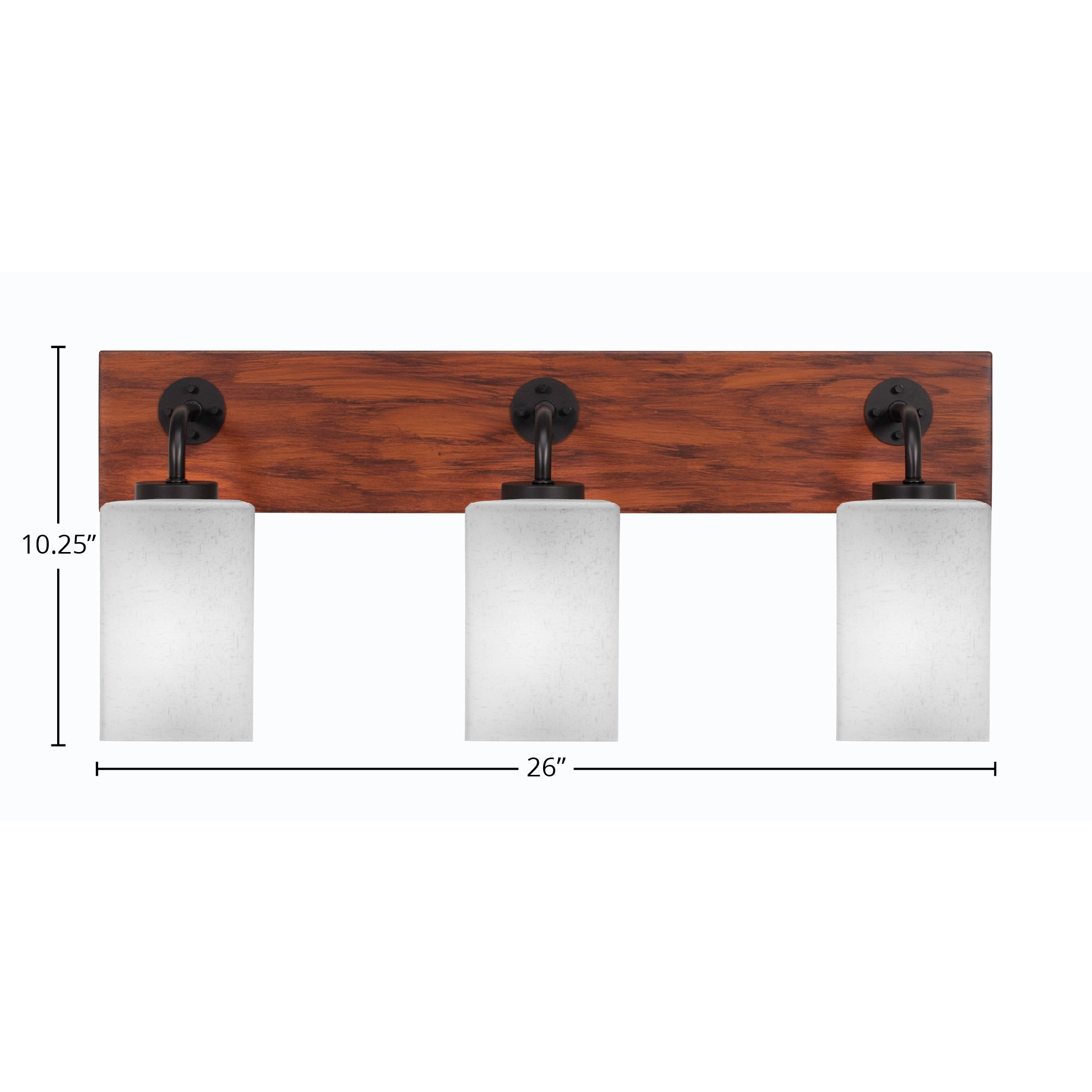 Oxbridge Three Light Bath Bar in Matte Black & Painted Wood-look Metal with 4" Square White Muslin Shade
