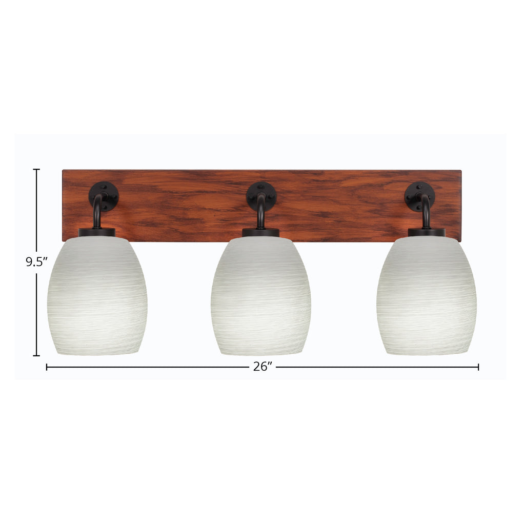 Oxbridge Three Light Bath Bar in Matte Black & Painted Wood-look Metal with 5" White Linen Shade