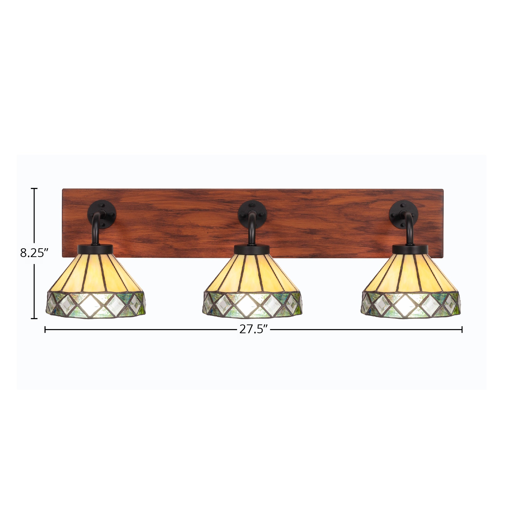 Oxbridge Three Light Bath Bar in Matte Black & Painted Wood-look Metal with 7" Diamond Peak Art Glass Shade