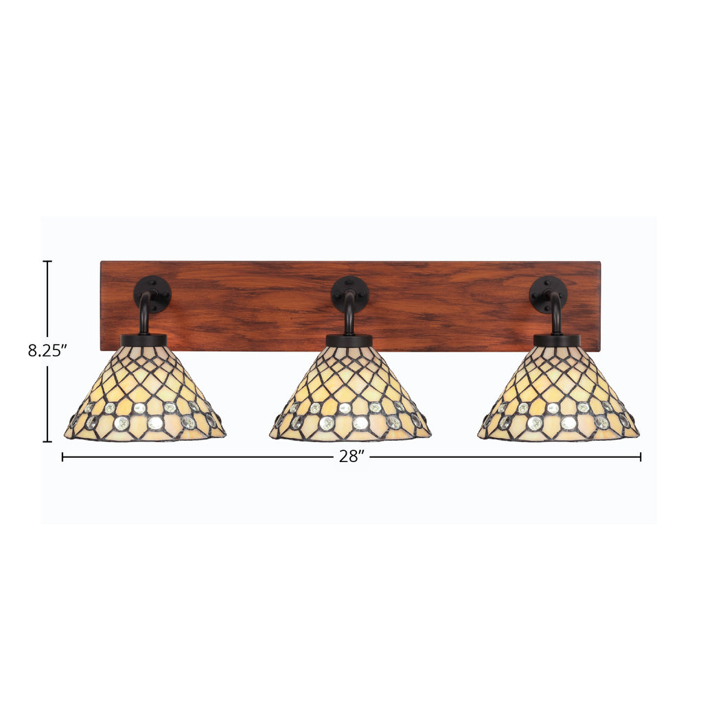 Oxbridge Three Light Bath Bar in Matte Black & Painted Wood-look Metal with 7" Starlight Art Glass Shade