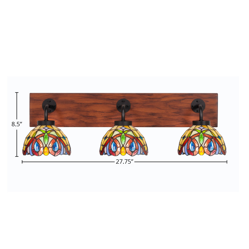 Oxbridge Three Light Bath Bar in Matte Black & Painted Wood-look Metal with 7" Lynx Art Glass Shade