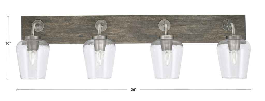 Oxbridge Four Light Bath Bar in Graphite & Painted Distressed Wood-look Metal with 5" Clear Bubble Shade