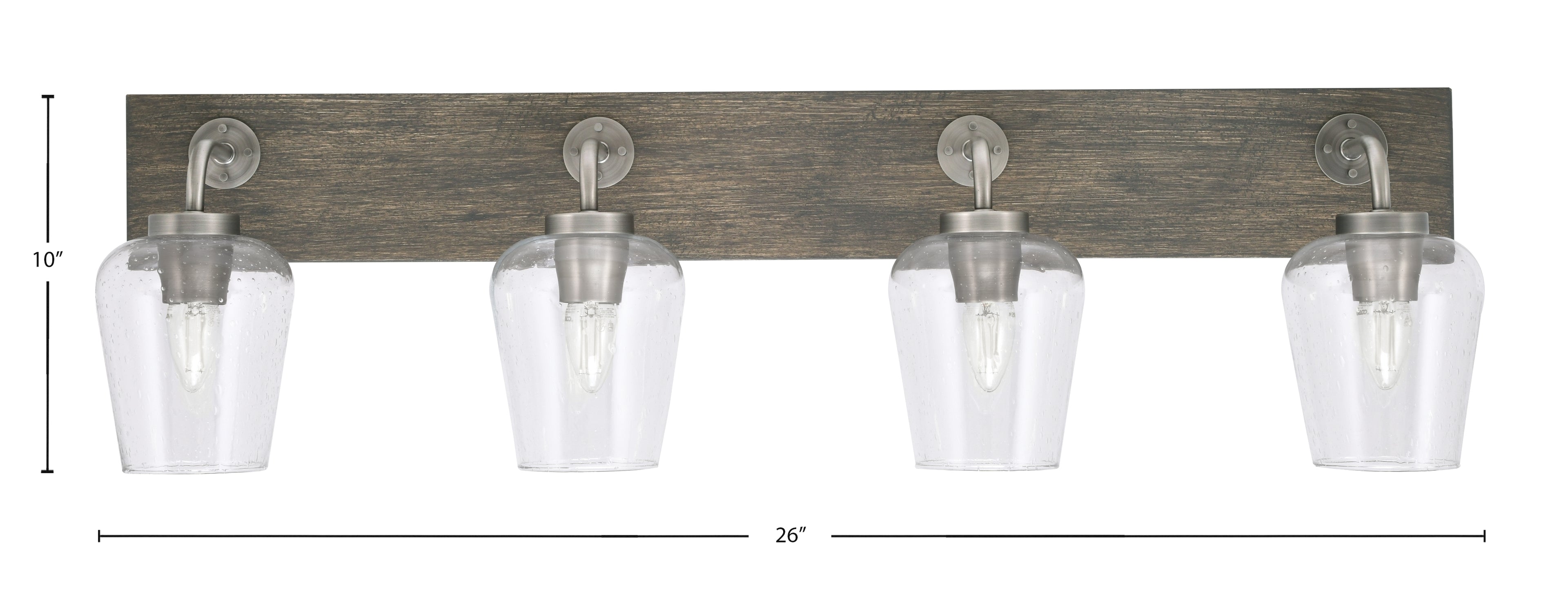 Oxbridge Four Light Bath Bar in Graphite & Painted Distressed Wood-look Metal with 5" Clear Bubble Shade