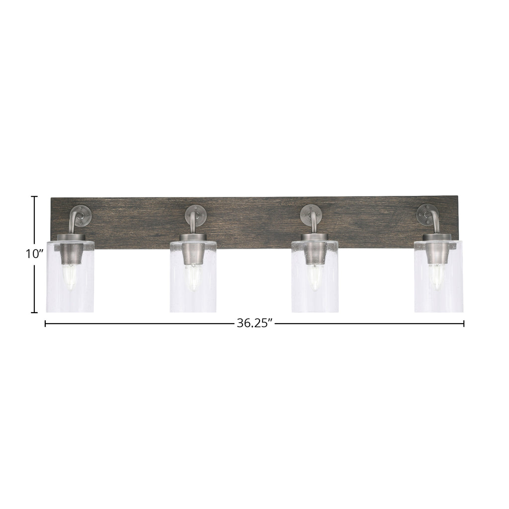 Oxbridge Four Light Bath Bar in Graphite & Painted Distressed Wood-look Metal with 4" Clear Bubble Shade