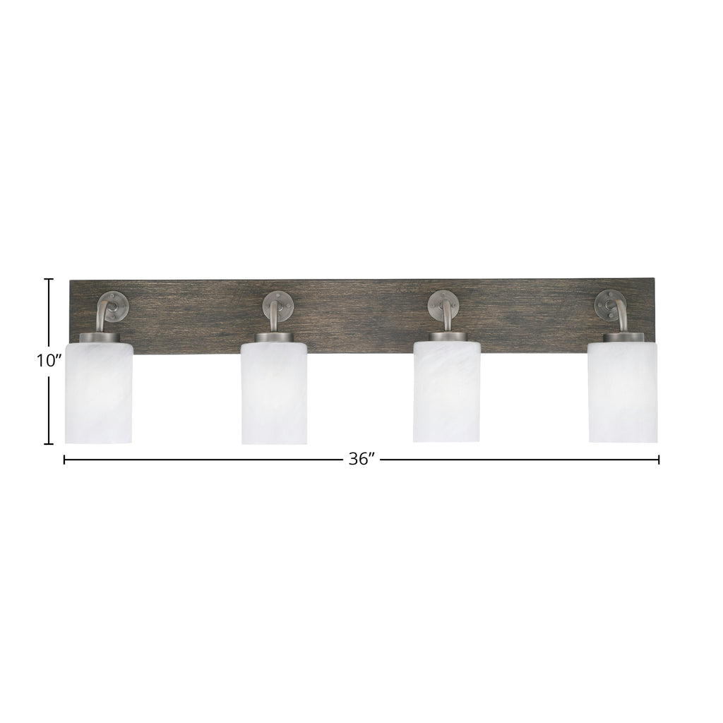 Oxbridge Four Light Bath Bar in Graphite & Painted Distressed Wood-look Metal with 4" White Marble Shade