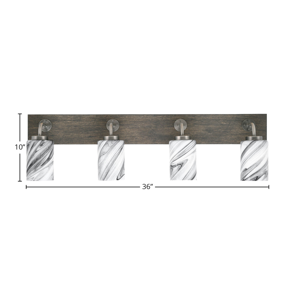 Oxbridge Four Light Bath Bar in Graphite & Painted Distressed Wood-look Metal with 4" Onyx Swirl Shade