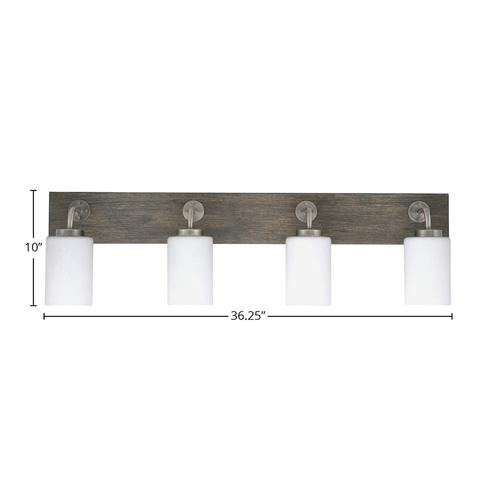 Oxbridge Four Light Bath Bar in Graphite & Painted Distressed Wood-look Metal with 4" White Muslin Shade