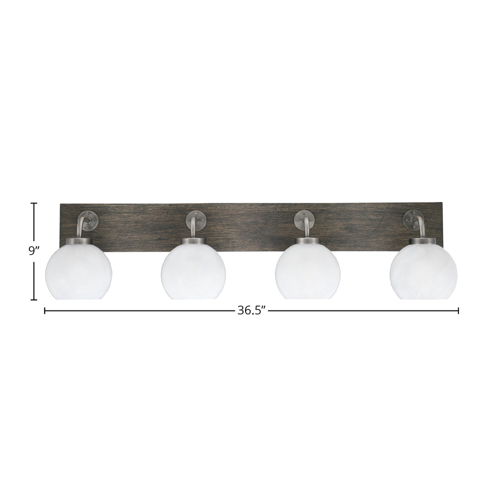 Oxbridge Four Light Bath Bar in Graphite & Painted Distressed Wood-look Metal with 5.75" White Marble Shade
