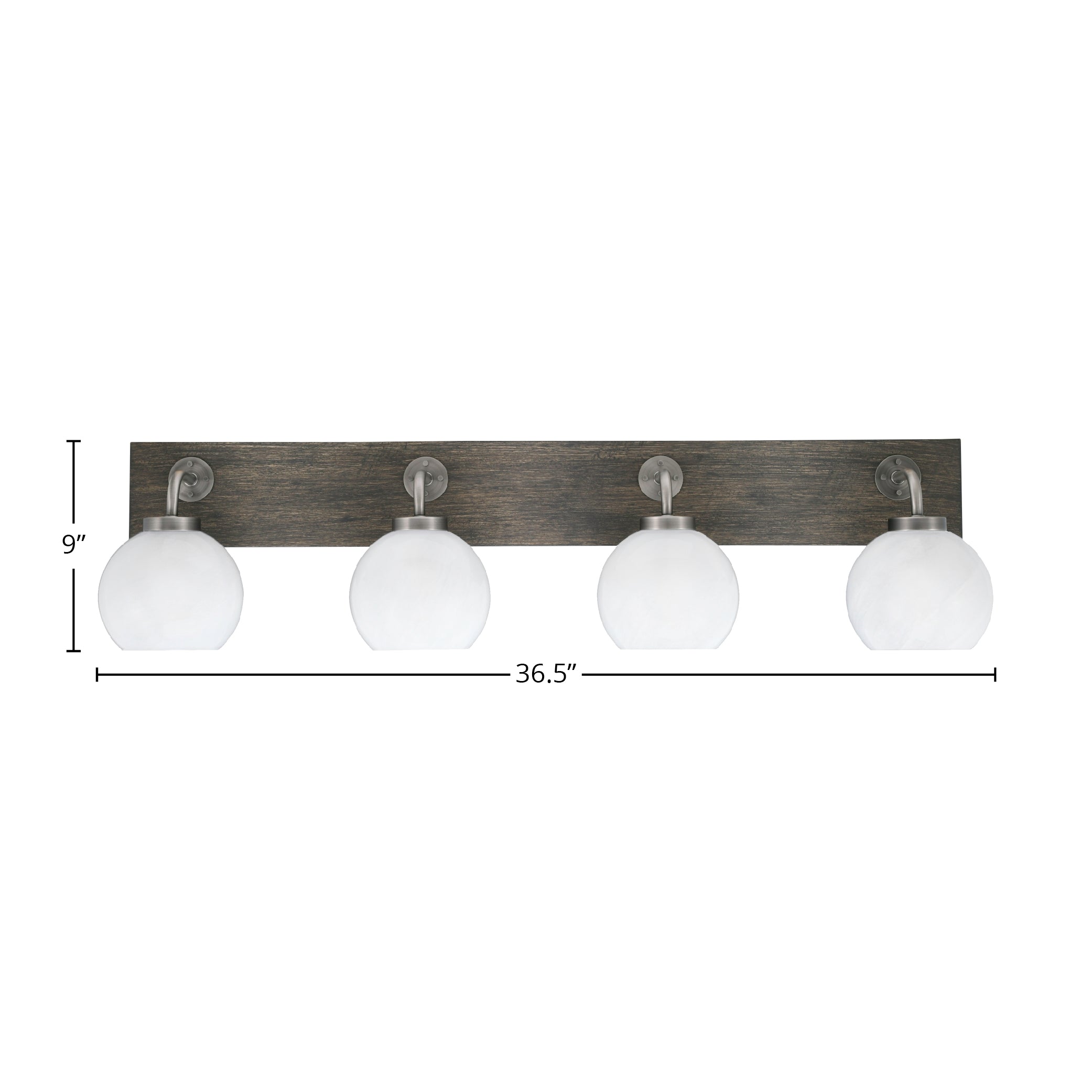 Oxbridge Four Light Bath Bar in Graphite & Painted Distressed Wood-look Metal with 5.75" White Marble Shade