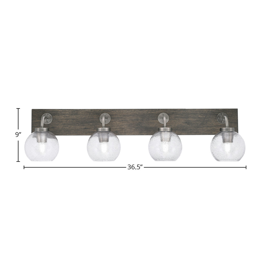 Oxbridge Four Light Bath Bar in Graphite & Painted Distressed Wood-look Metal with 5.75" Smoke Bubble Shade