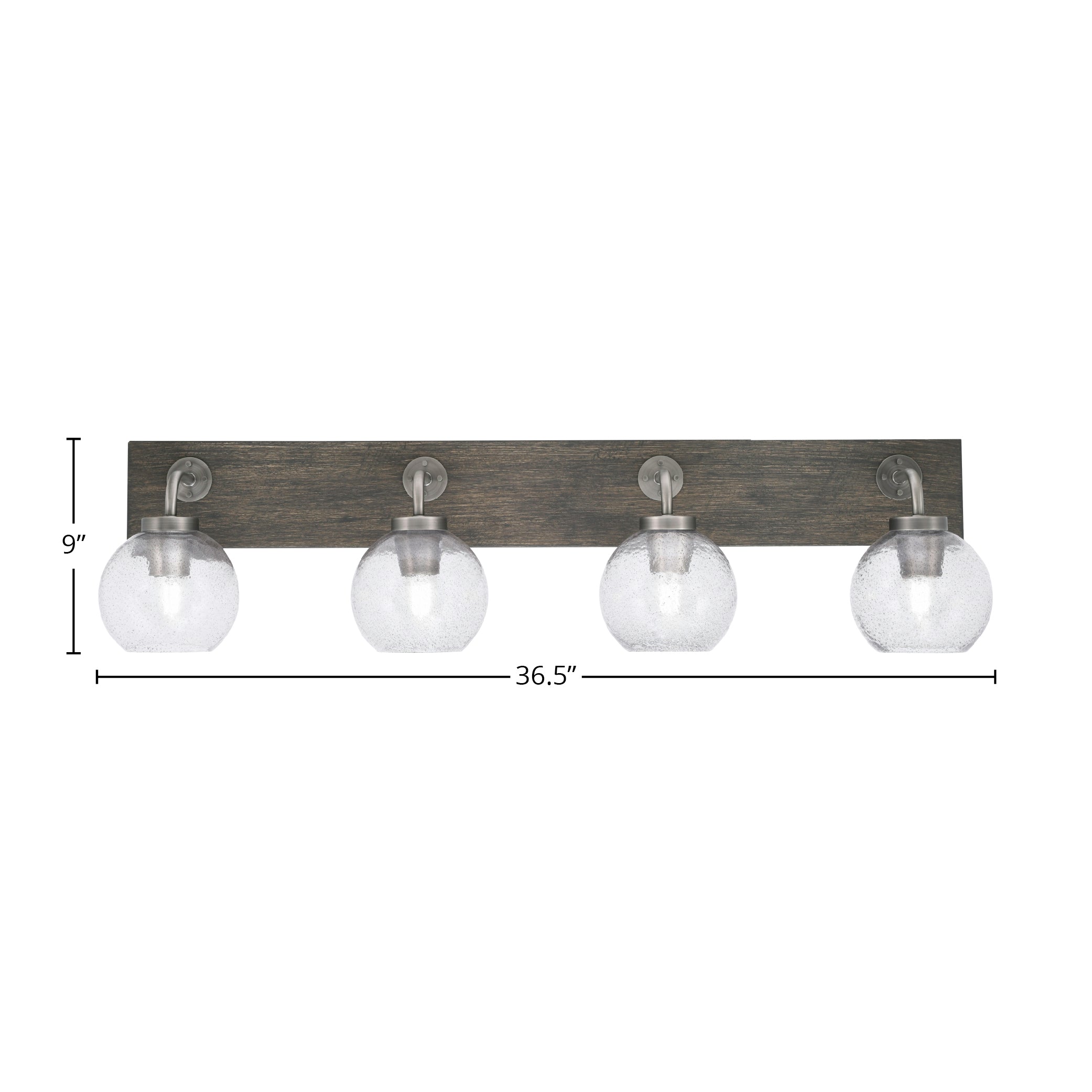Oxbridge Four Light Bath Bar in Graphite & Painted Distressed Wood-look Metal with 5.75" Smoke Bubble Shade