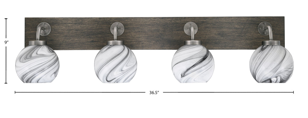 Oxbridge Four Light Bath Bar in Graphite & Painted Distressed Wood-look Metal with 5.75" Onyx Swirl Shade