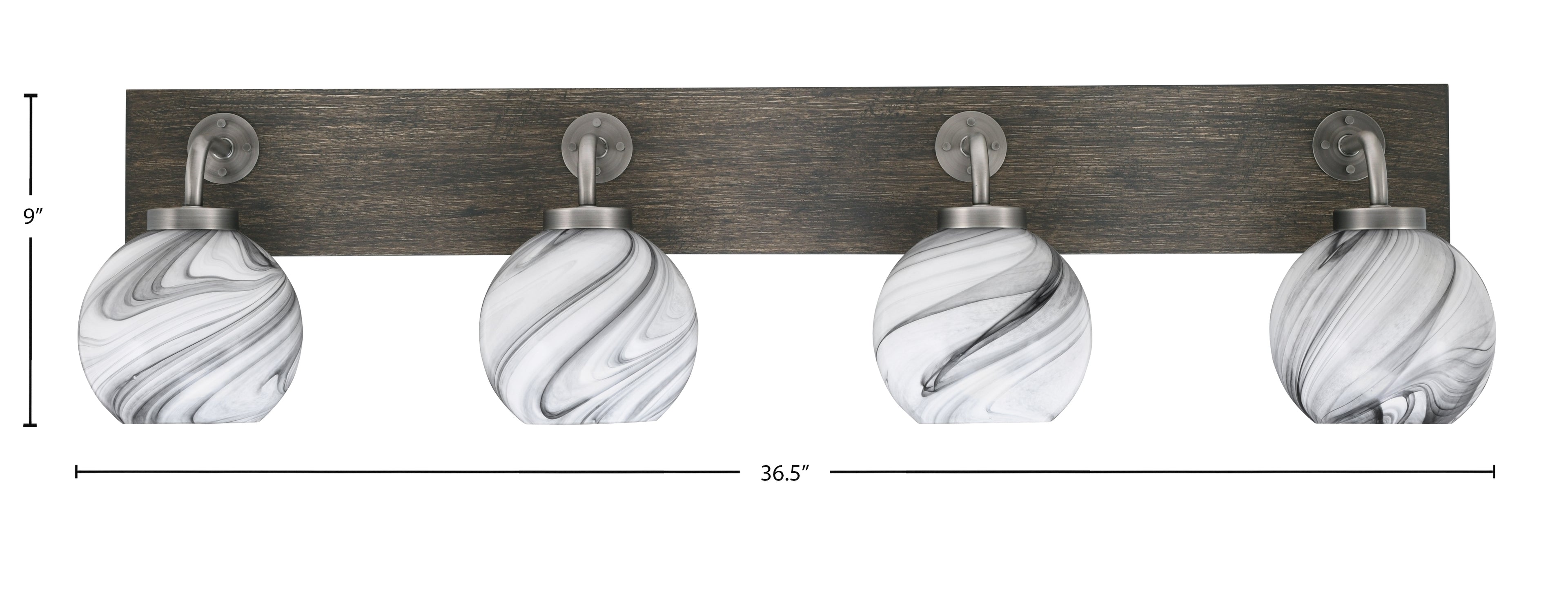 Oxbridge Four Light Bath Bar in Graphite & Painted Distressed Wood-look Metal with 5.75" Onyx Swirl Shade